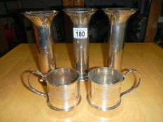 3 silver plated vases & 2 coffee cups