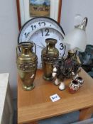 A mixed lot including table, 2 wall clocks, a pair of vases,