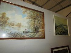 A framed and glazed fishing print and a seascape after Frederic Waugh