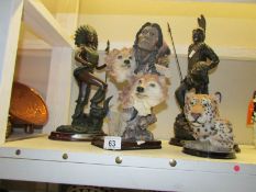 3 American Indian figures and a leopard head figure