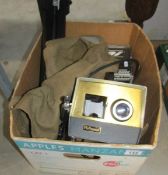 A box of photographic items including slide projector
