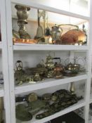 3 shelves of assorted brass ware