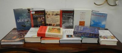 A collection of new books (some still sealed) including dictionaries, atlases,