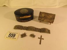 A 19th century snuff box a/f and a collection of white metal filigree items including pill box