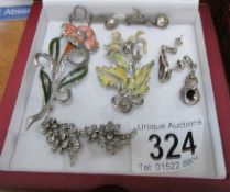 2 marcasite brooches and 3 pairs of silver earrings