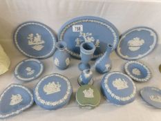 13 pieces of Wedgwood blue Jasper ware and one green