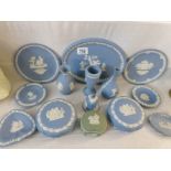 13 pieces of Wedgwood blue Jasper ware and one green
