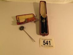 A cased cheroot holder with amber mouthpiece and 3 Victorian stick pins in case
