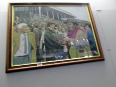 A Gouache on board of racecourse betting ring scene featuring racing pundit John McCririck signed