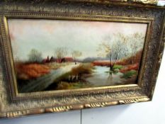 An oil on canvas rural landscape featuring river and farm buildings signed E Booth