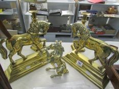 2 brass horse door stops, a brass rearing horse,