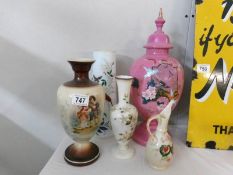 5 hand painted coloured glass vases