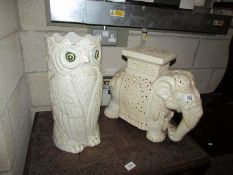 A large porcelain owl stick stand and a large elephant pot stand