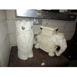 A large porcelain owl stick stand and a large elephant pot stand