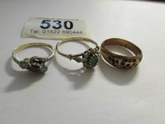 3 9ct gold rings one being emerald and diamond, size V,