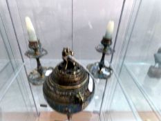 A pair of gilt and cloissonne candlesticks and a matching incense burner