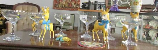 6 Babycham glasses and 5 Babycham figures