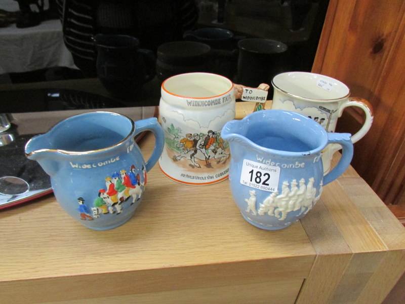 2 Widdecombe Fair musical mugs (in working order) and 2 jugs by Crown Devon and Widdecombe pottery