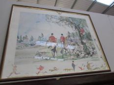 A fox hunting print by Mark Huskinson with additional watercolour caricatures on mount