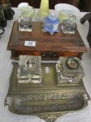 3 ink stands including brass (bottles a/f),