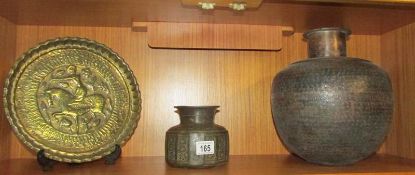 2 middle eastern bronze pots and an interesting brass tray of a man on horseback