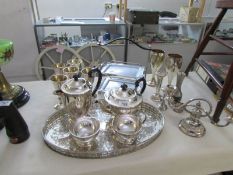 A mixed lot of silver plate including tea set on tray