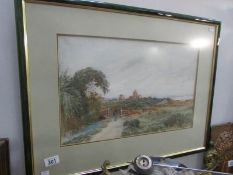 A watercolour rural scene featuring village church and estuary in background,