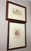A pair of watercolour postcard illustrations in the manner of Donald McGill,