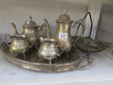 2 silver plate trays and a silver plated tea service