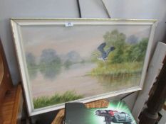 An oil of board of a crane in flight signed B Cox