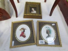 2 framed and glazed silhouettes and a framed and glazed miniature portrait