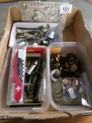 A mixed lot including railway buttons, whistles, thimbles, pen knives,