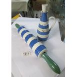 A T G Green Cornish ware rolling pin and oil bottle