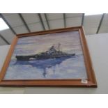 An oil painting of a battleship singed J Tither