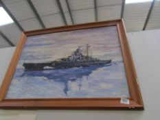 An oil painting of a battleship singed J Tither