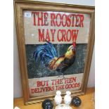 A large gilt framed 'Rooster may crow' tin pub style sign
