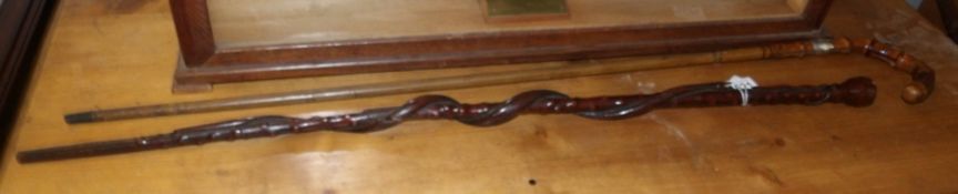 A silver banded walking cane and a walking stick with entwined snake