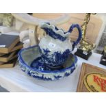 A blue and white Victoria ware Ironstone jug and bowl set