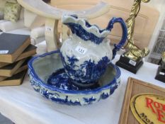 A blue and white Victoria ware Ironstone jug and bowl set