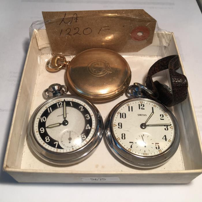 A gold plated Waltham pocket watch in working order and 2 smiths pocket watches