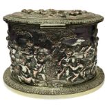 A superb quality 19th century Sheffield plate on copper biscuit barrel depicting embosses cherubs