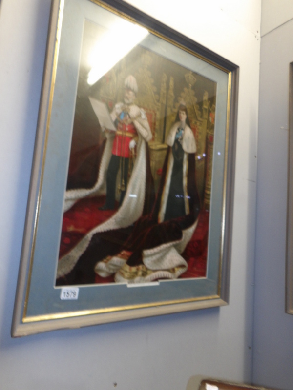 A framed and glazed print 'The King and Queen at Westminster'