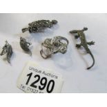 A 925 silver lizard brooch, silver earrings,