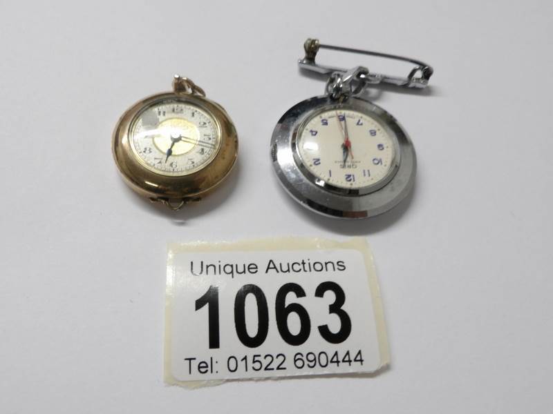 A gold plated fob watch and an Oris nurses watch