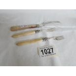A silver butter knife, J C Birmingham 1892 and 2 silver pickle forks, Birmingham hall mark,