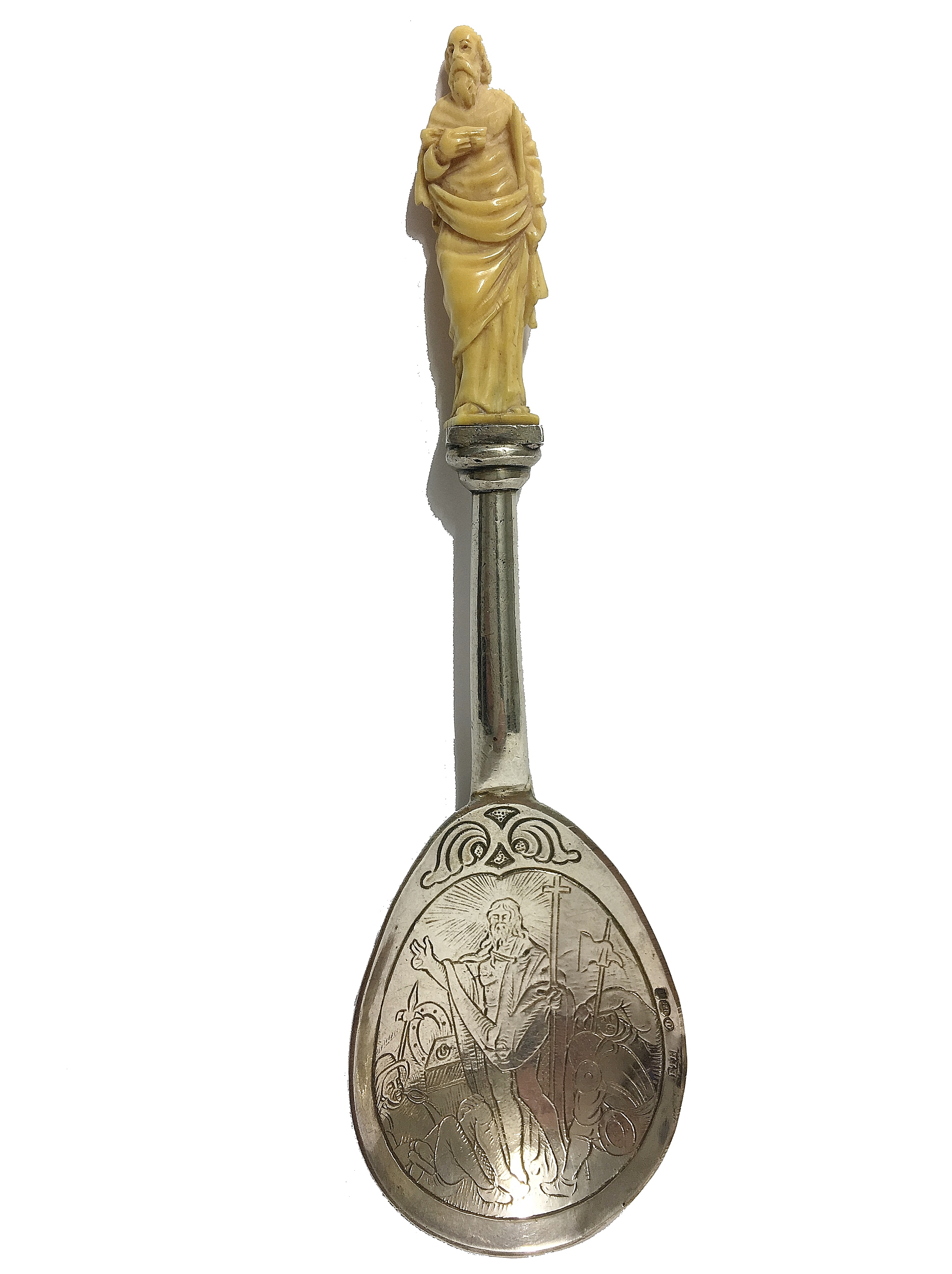 An early 20th century silver anointing spoon with ivory figure of St Paul finial - Image 2 of 5