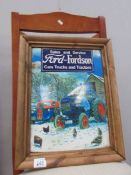 A waxed pine mounted tin Ford & Fordson cars and trackers sign
