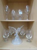 A glass owl and a quantity of drinking glasses