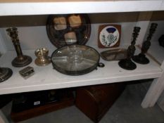 A mixed lot of metal ware including 2 pairs of candlesticks