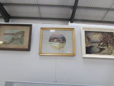 3 framed and glazed fabric pictures